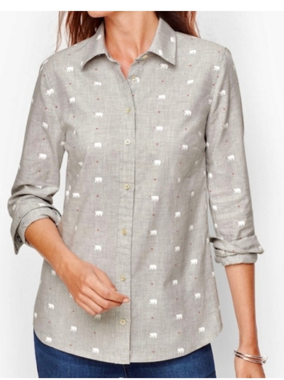 Talbots Light Gray Button-Down Shirt with White Polar Bear Print SZ L